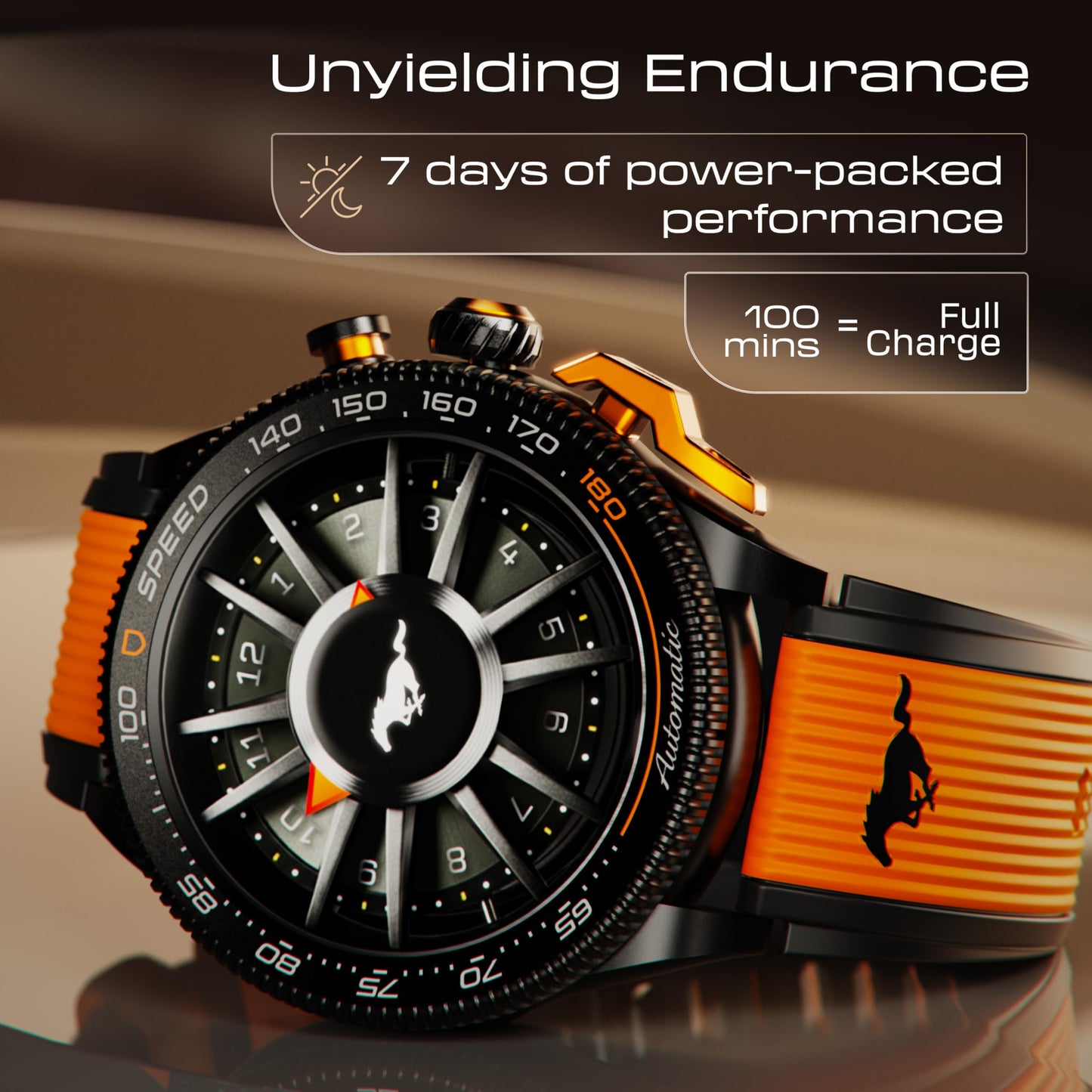GOBOULT Newly Launched Mustang Stallion Smart Watch 1.43'' AMOLED Display, Rotating Bezel, BT Calling, 200+Watchfaces, 700 Nits Brightness, AI Voice Assistant, SpO2 Monitoring (Turbo Orange)