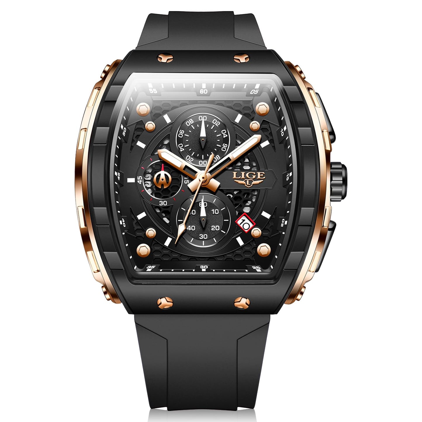 LIGE Mens Watches Luxury Tonneau Watches for Men Waterproof Analog Watch Chronograph Calendar Date Men’s Dress Business Work Watch Large Square Face Wristwatch