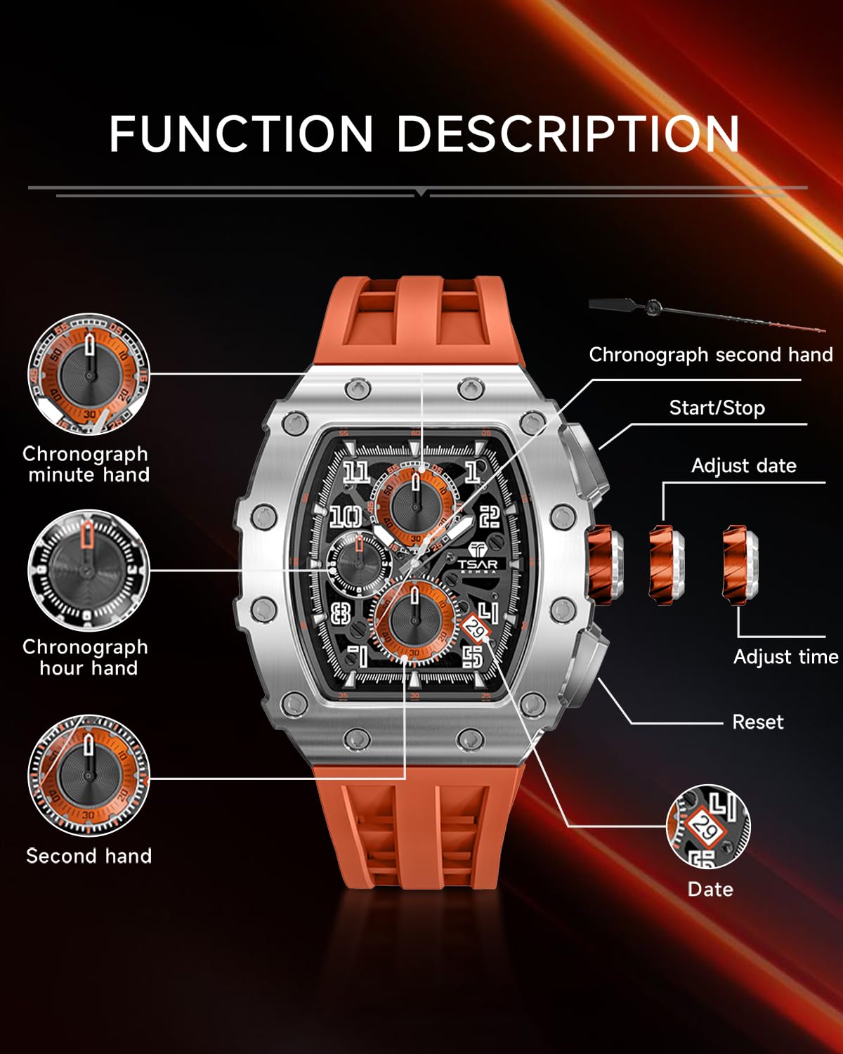 TSAR BOMBA Mens Watches Luxury Tonneau Watches for Men Waterproof 50M Analog Watch Chronograph Calendar Date Men’s Dress Business Work Watch