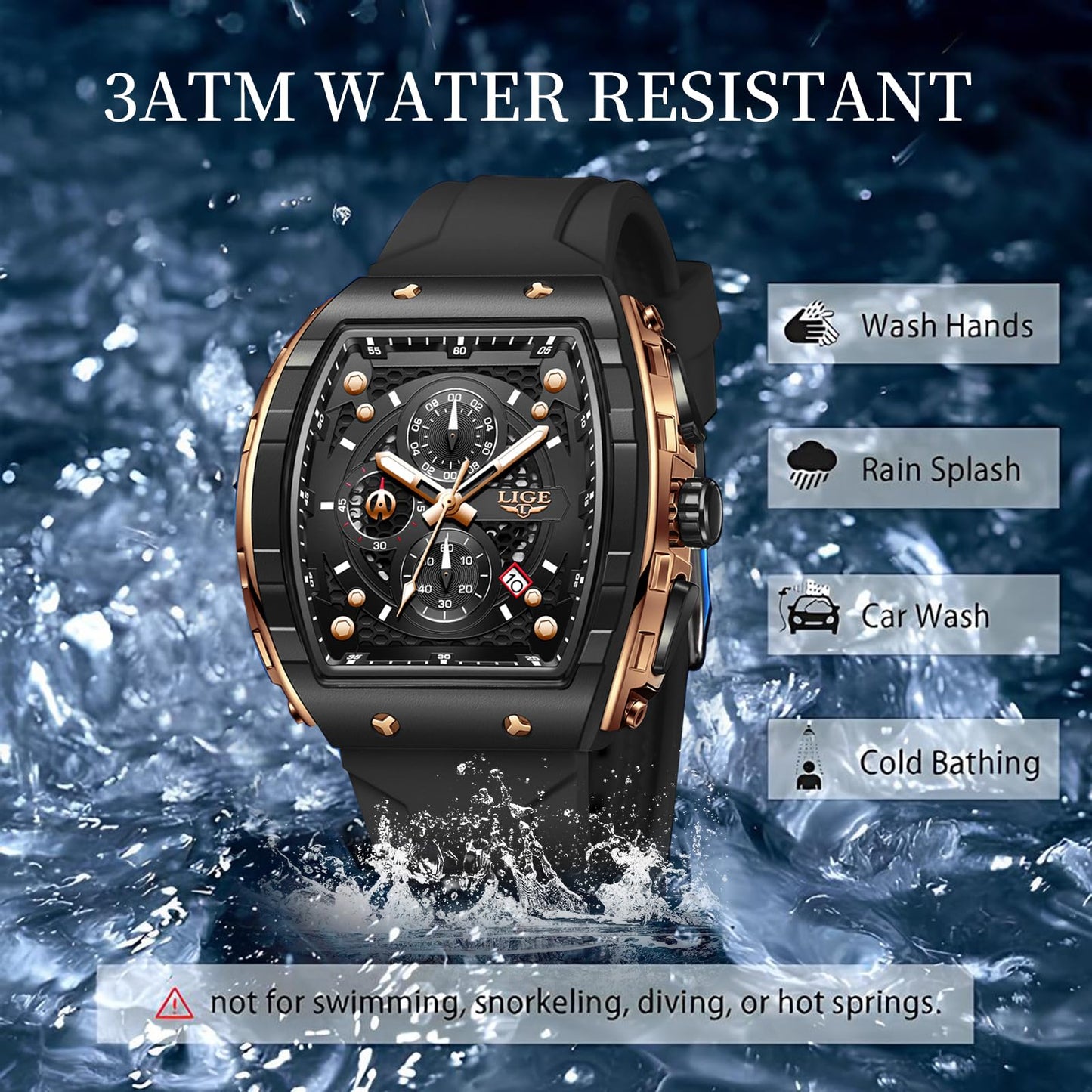 LIGE Mens Watches Luxury Tonneau Watches for Men Waterproof Analog Watch Chronograph Calendar Date Men’s Dress Business Work Watch Large Square Face Wristwatch