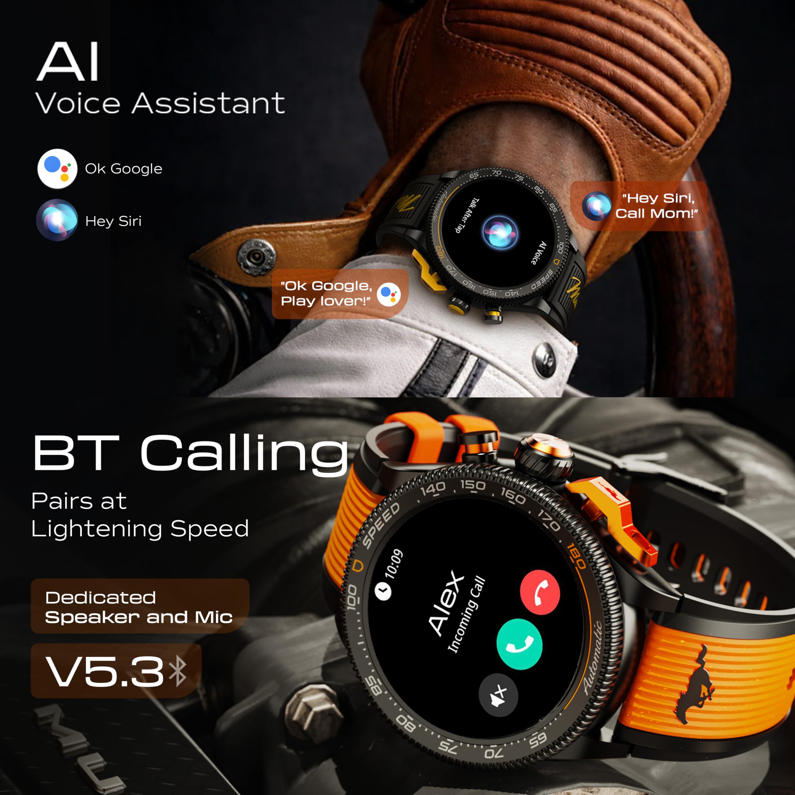 GOBOULT Newly Launched Mustang Stallion Smart Watch 1.43'' AMOLED Display, Rotating Bezel, BT Calling, 200+Watchfaces, 700 Nits Brightness, AI Voice Assistant, SpO2 Monitoring (Turbo Orange)