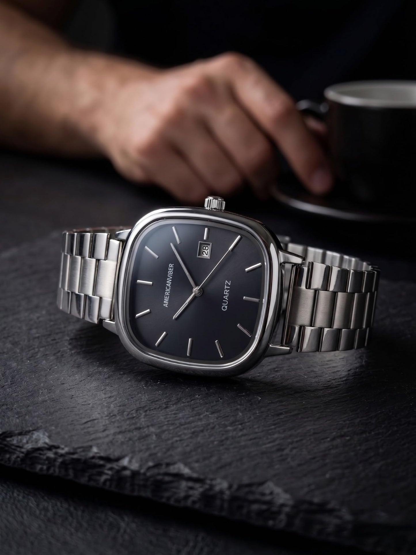 AMERICANVIBER Men's Silver, Watch with Stainless Steel Band | Water-Resistant Analog Dress & Casual Wristwatch