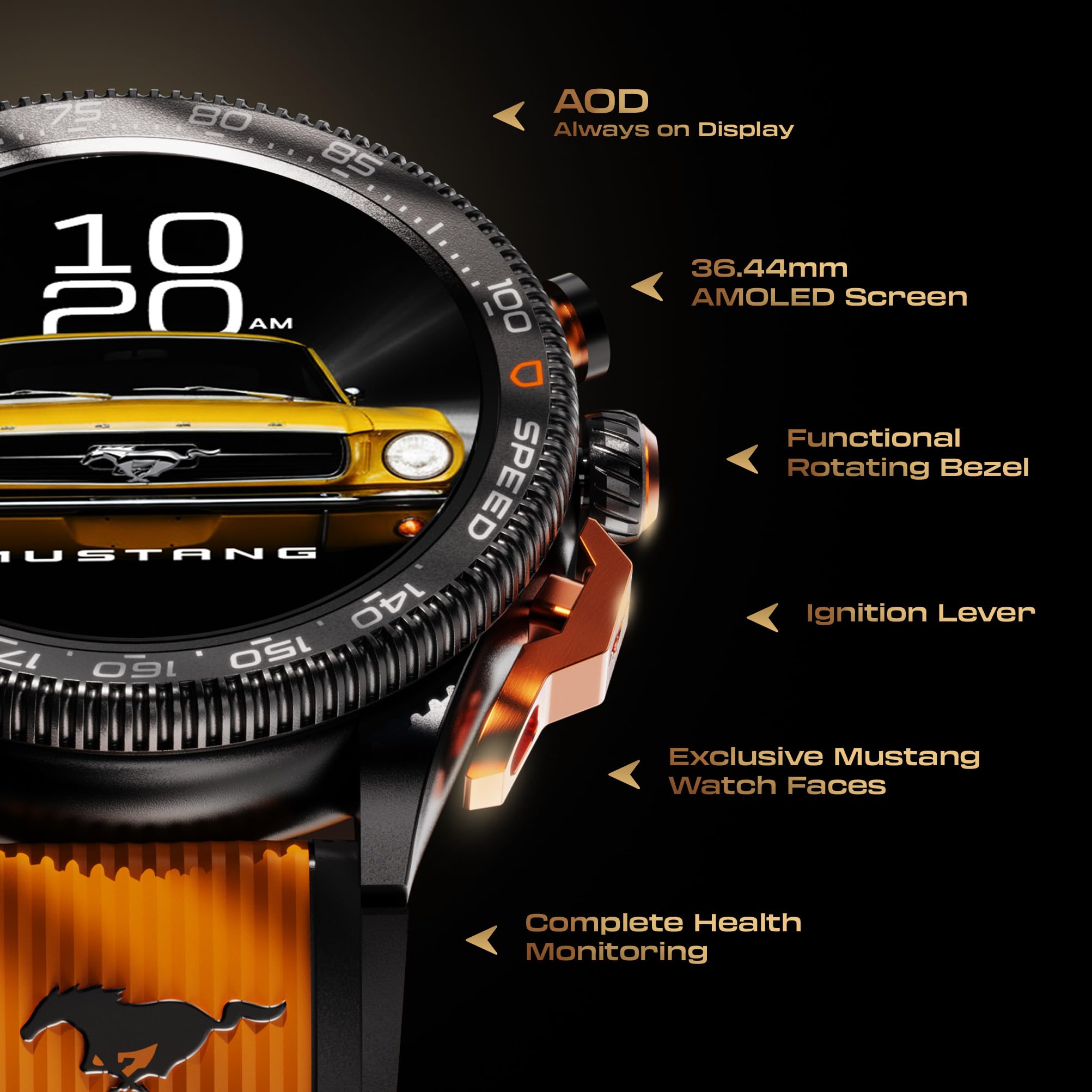 GOBOULT Newly Launched Mustang Stallion Smart Watch 1.43'' AMOLED Display, Rotating Bezel, BT Calling, 200+Watchfaces, 700 Nits Brightness, AI Voice Assistant, SpO2 Monitoring (Turbo Orange)