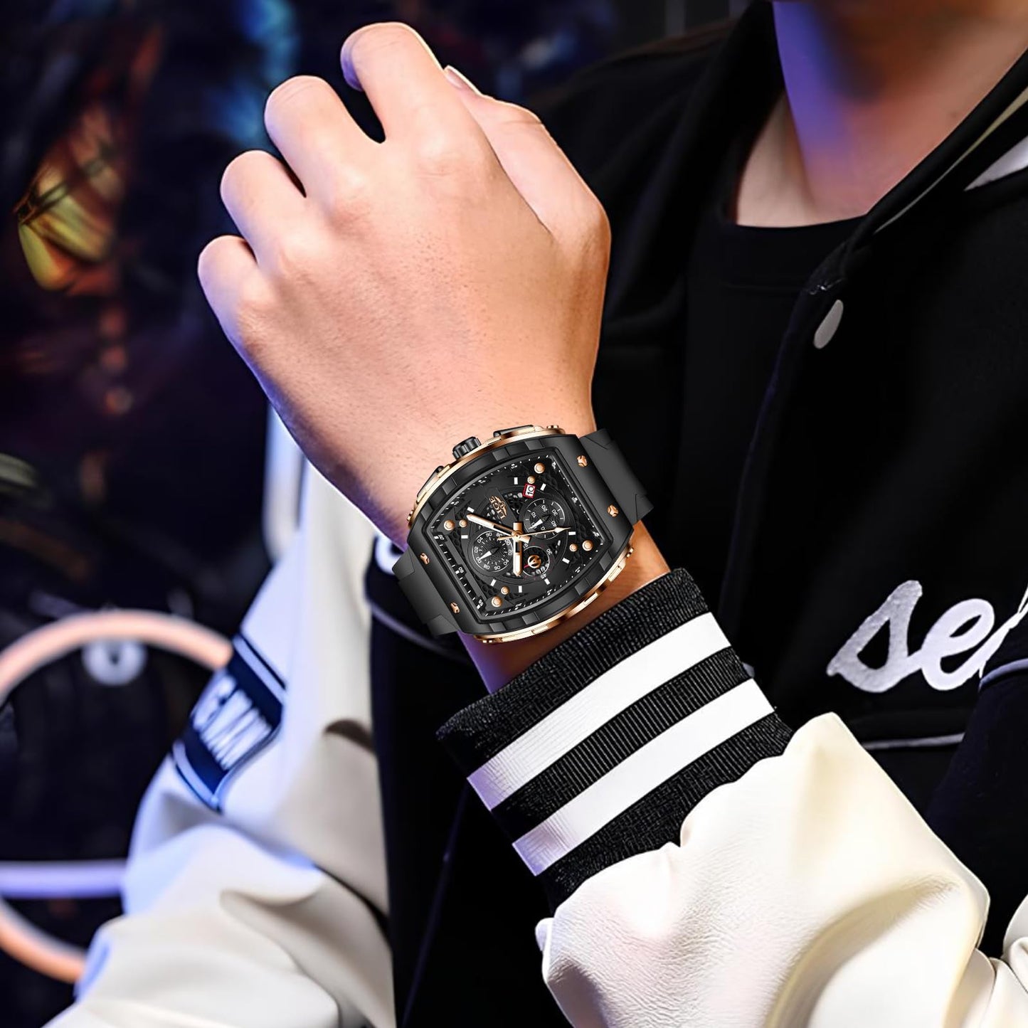 LIGE Mens Watches Luxury Tonneau Watches for Men Waterproof Analog Watch Chronograph Calendar Date Men’s Dress Business Work Watch Large Square Face Wristwatch