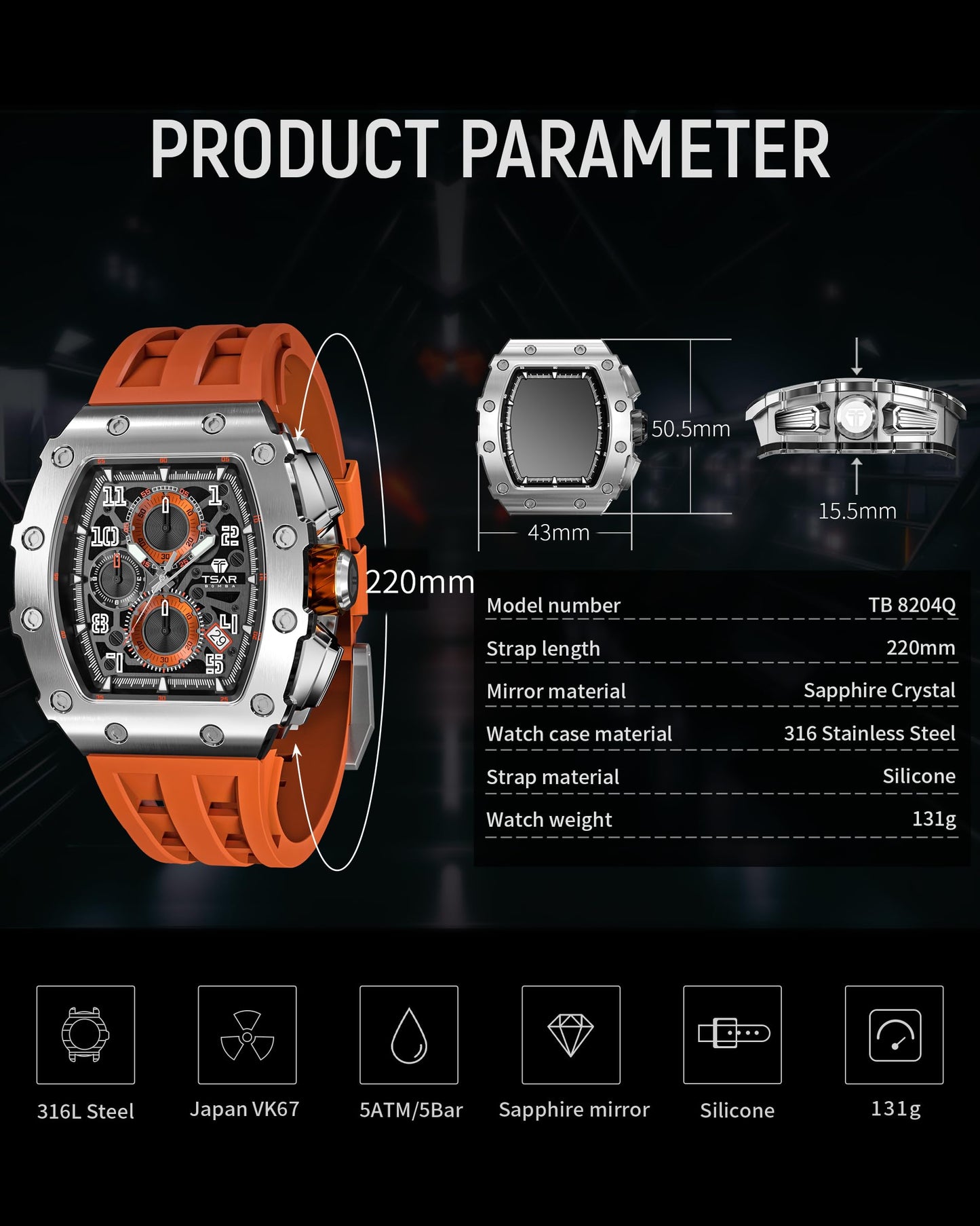 TSAR BOMBA Mens Watches Luxury Tonneau Watches for Men Waterproof 50M Analog Watch Chronograph Calendar Date Men’s Dress Business Work Watch