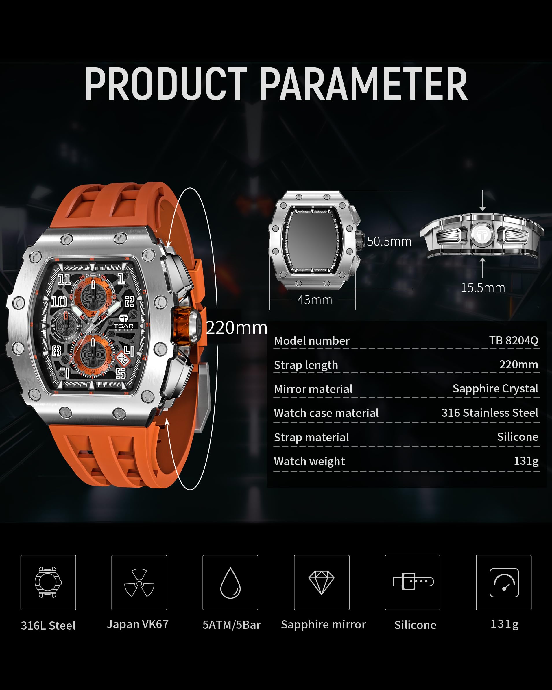 TSAR BOMBA Mens Watches Luxury Tonneau Watches for Men Waterproof 50M Analog Watch Chronograph Calendar Date Men’s Dress Business Work Watch