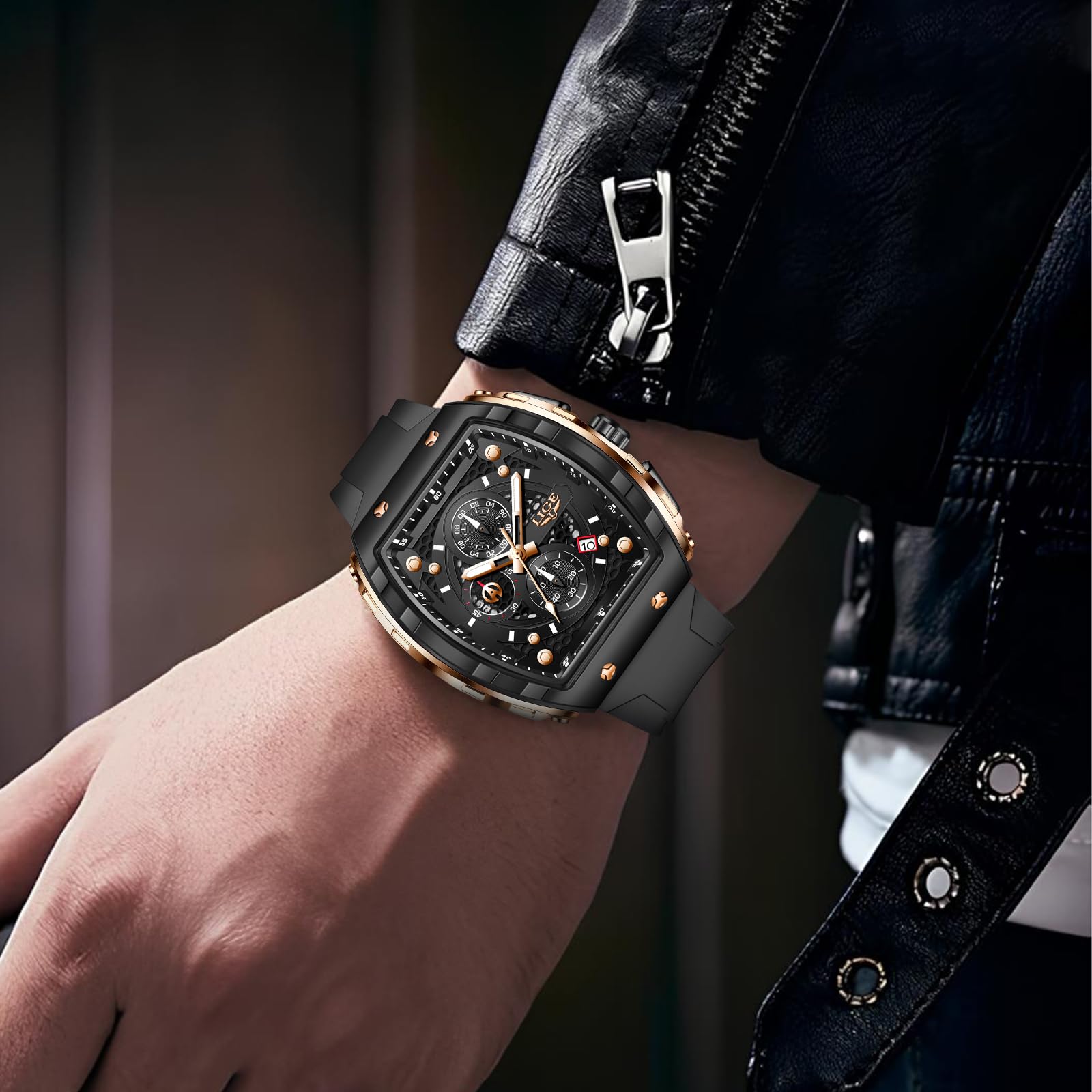 LIGE Mens Watches Luxury Tonneau Watches for Men Waterproof Analog Watch Chronograph Calendar Date Men’s Dress Business Work Watch Large Square Face Wristwatch