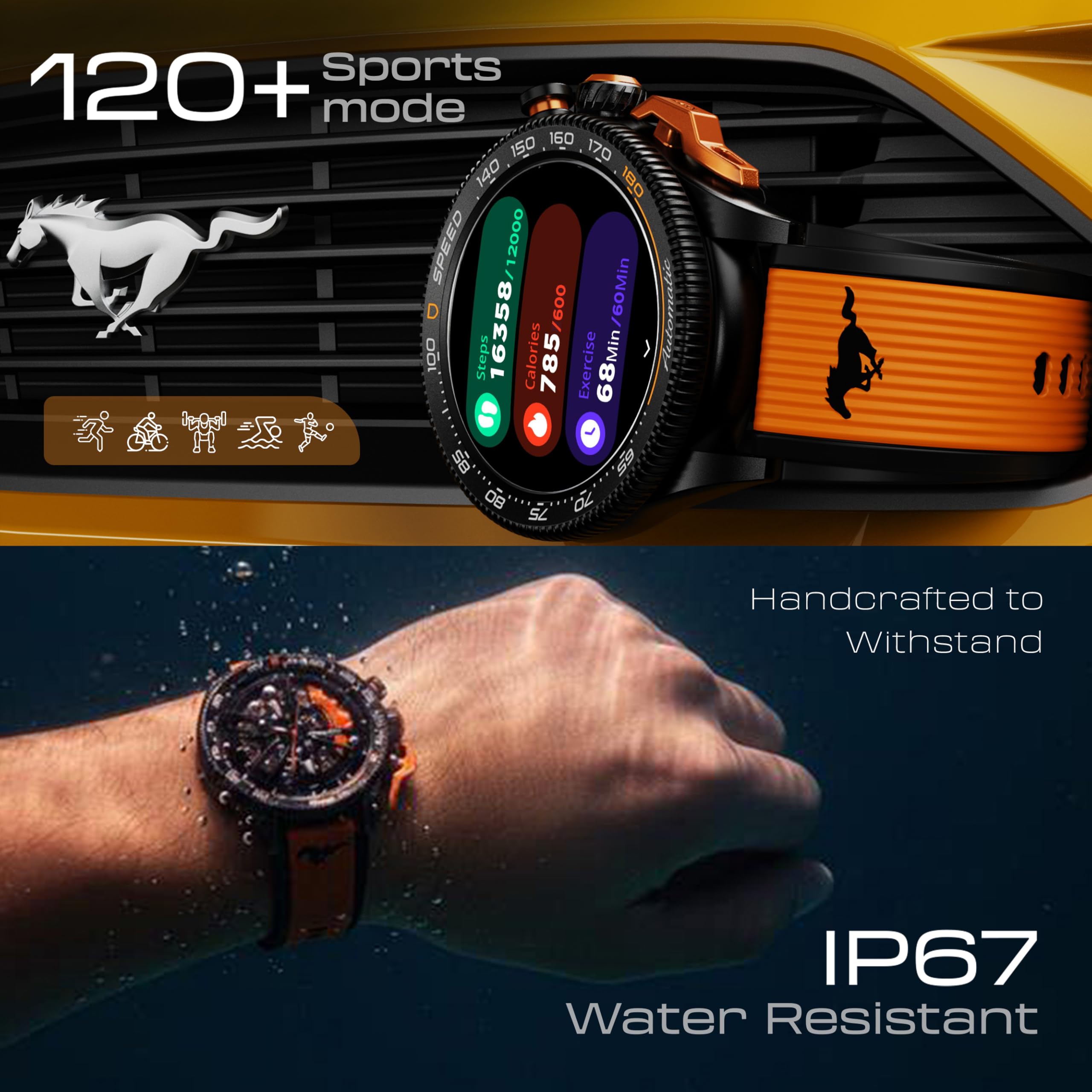GOBOULT Newly Launched Mustang Stallion Smart Watch 1.43'' AMOLED Display, Rotating Bezel, BT Calling, 200+Watchfaces, 700 Nits Brightness, AI Voice Assistant, SpO2 Monitoring (Turbo Orange)