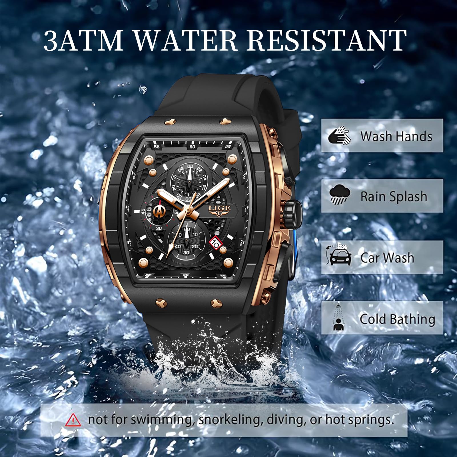 LIGE Mens Watches Luxury Tonneau Watches for Men Waterproof Analog Watch Chronograph Calendar Date Men’s Dress Business Work Watch Large Square Face Wristwatch