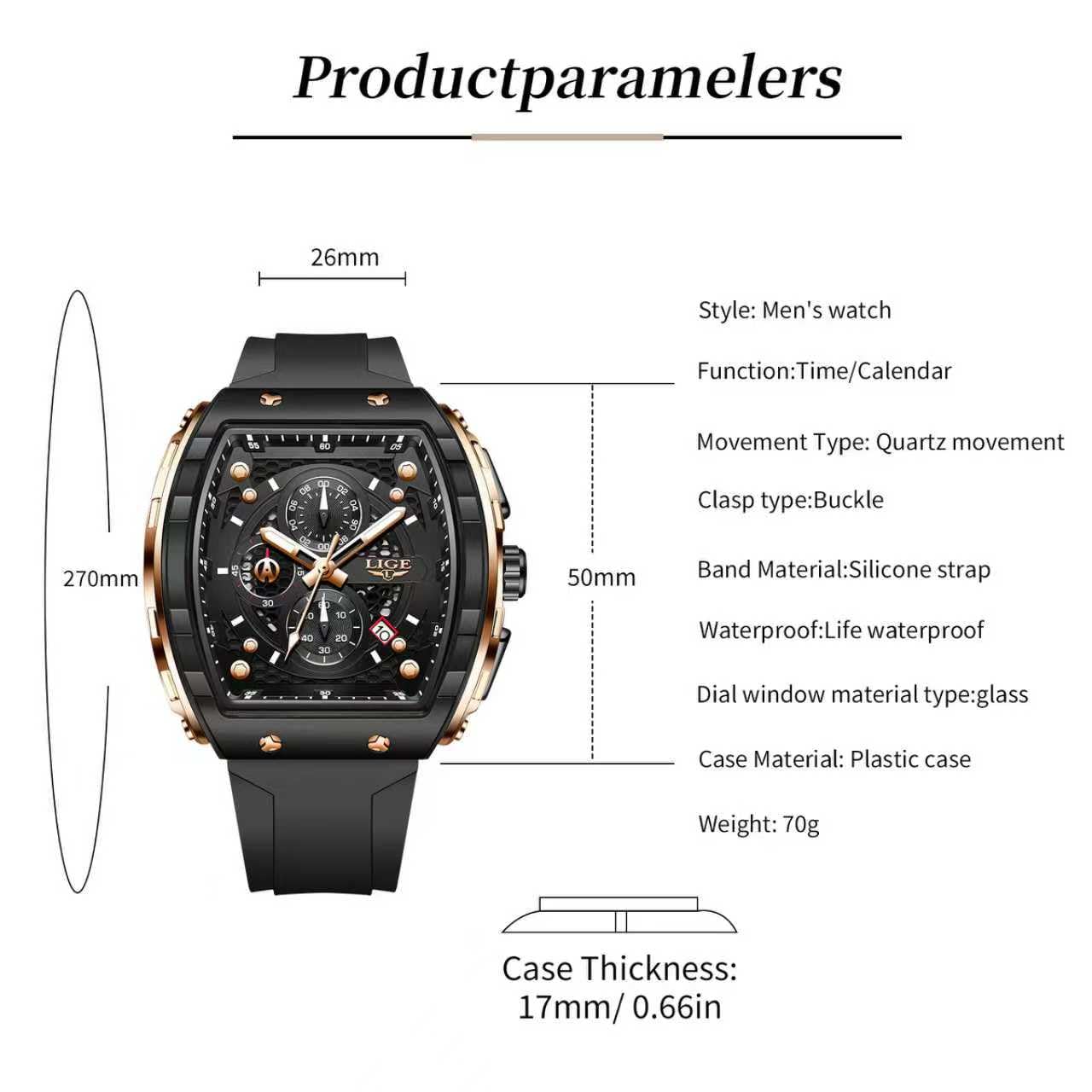 LIGE Mens Watches Luxury Tonneau Watches for Men Waterproof Analog Watch Chronograph Calendar Date Men’s Dress Business Work Watch Large Square Face Wristwatch
