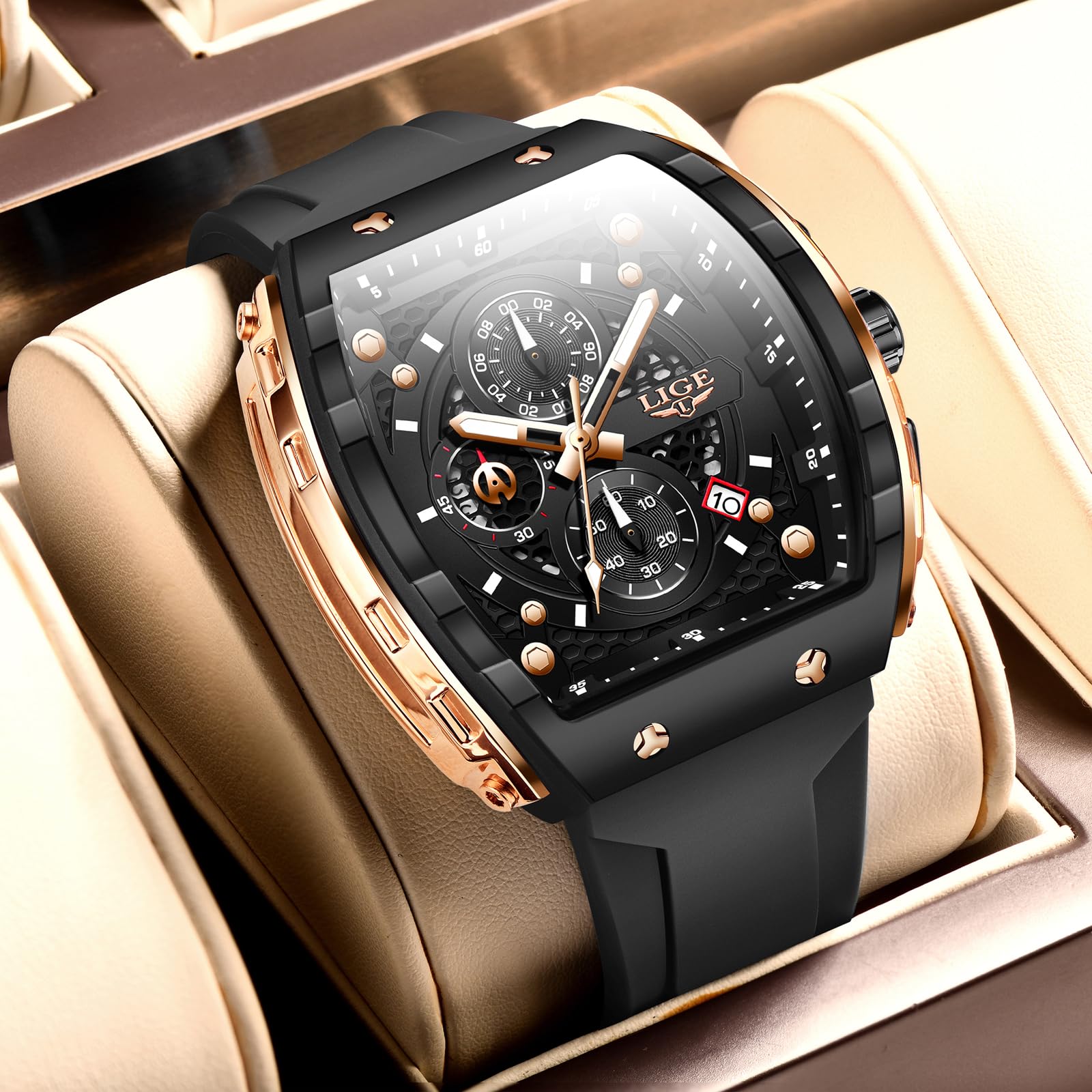 LIGE Mens Watches Luxury Tonneau Watches for Men Waterproof Analog Watch Chronograph Calendar Date Men’s Dress Business Work Watch Large Square Face Wristwatch
